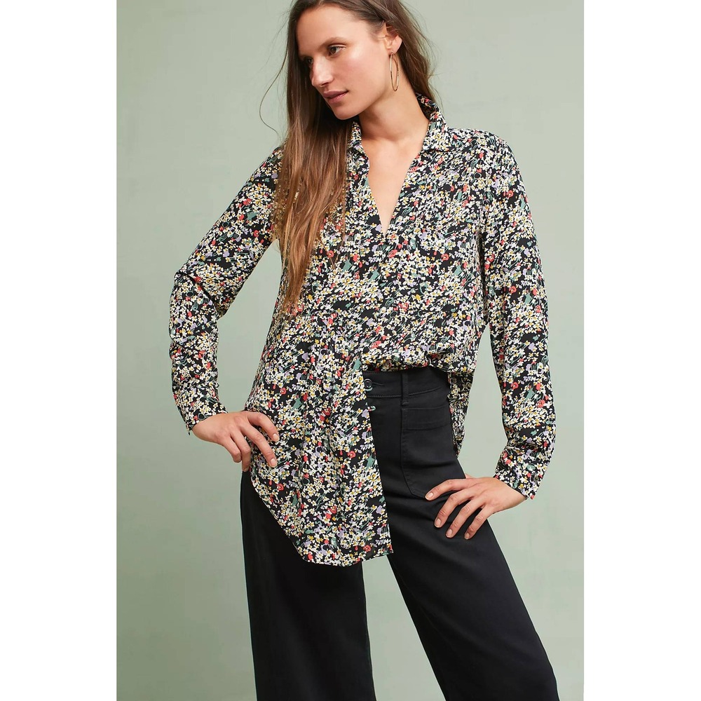 Maeve Anthropologie Matilda Button Down Shirt Top XS Black Purple Womens Floral